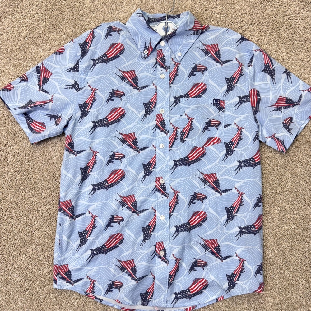 Huk Shirt Mens S Short Sleeve Button Down Light Blue Patriotic Marlin EUC